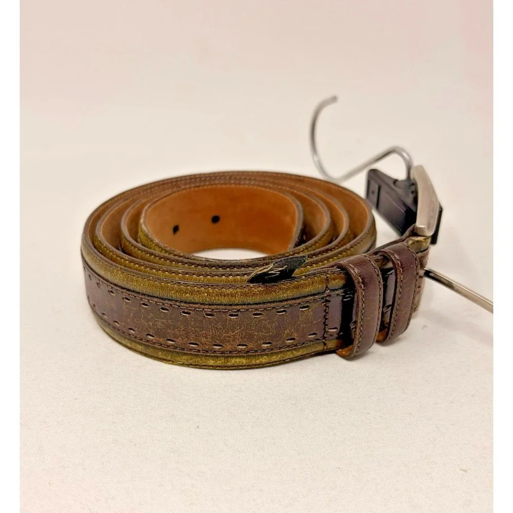 Mezlan Brown Green Leather Croc Embossed Belt Size 44 Made in Spain Men's M